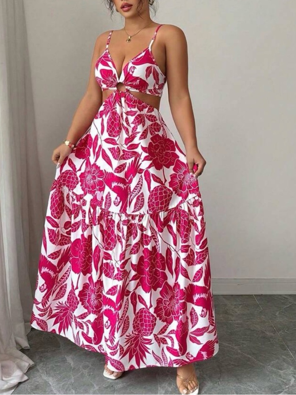 Pink Tropical O-Ring Cutout Tiered Maxi Dress